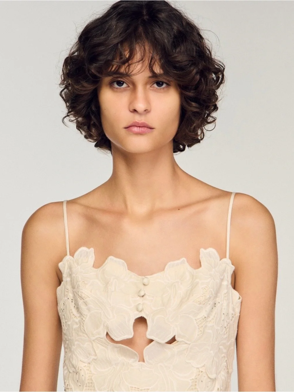 Sandro guipure Lace Bodice Spaghetti Strap Midi Dress in Cream - Picture 3 of 6